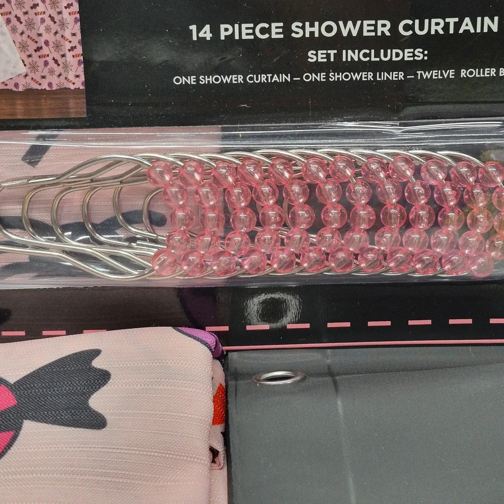 Betsey Johnson Spooky Candy Pink 14pc Shower Curtain Set Halloween Hooks Liner
